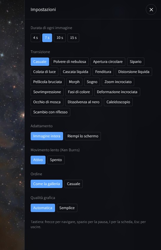 Il pannello delle impostazioni della proiezione